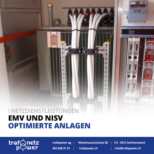 Effizient und sicher: EMV- und NISV-optimierte Anlagen Die Sicherheit Ihrer Anlagen und die Minimierung von elektromagnetischen Feldern (EMF) sind von entscheidender Bedeutung. Bei Trafopower AG planen und installieren wir Ihre Anlagen nach den neuesten Standards der elektromagnetischen Verträglichkeit (EMV) und der Verordnung über den Schutz vor nichtionisierender Strahlung (NISV).